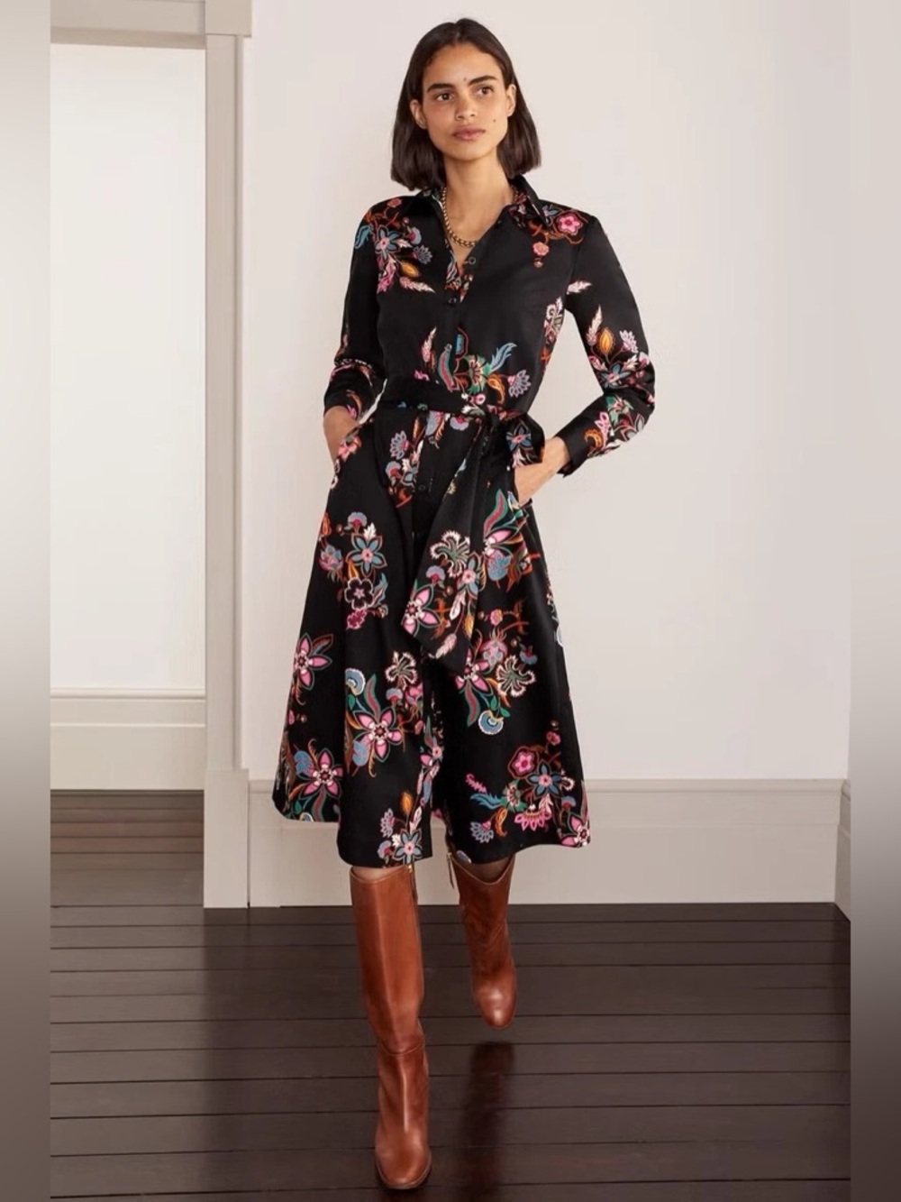 Boden Isodora Midi Shirt Dress in a black paisley chintz print - Picture 1 of 10